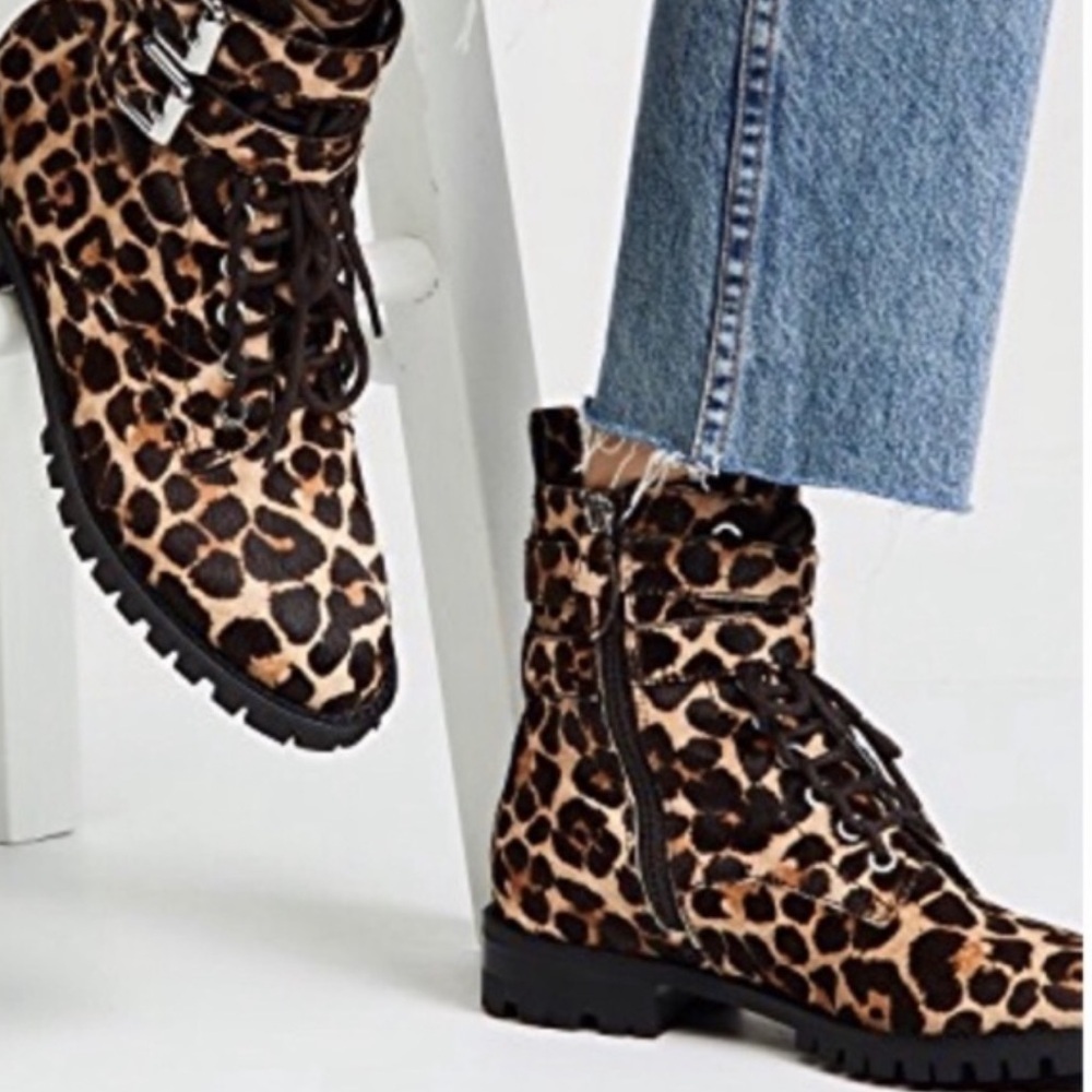 REBECCA MINKOFF Animal Print Boots Jaiden Calf Hair Leopard Combat Boots Size 8M - Picture 2 of 16